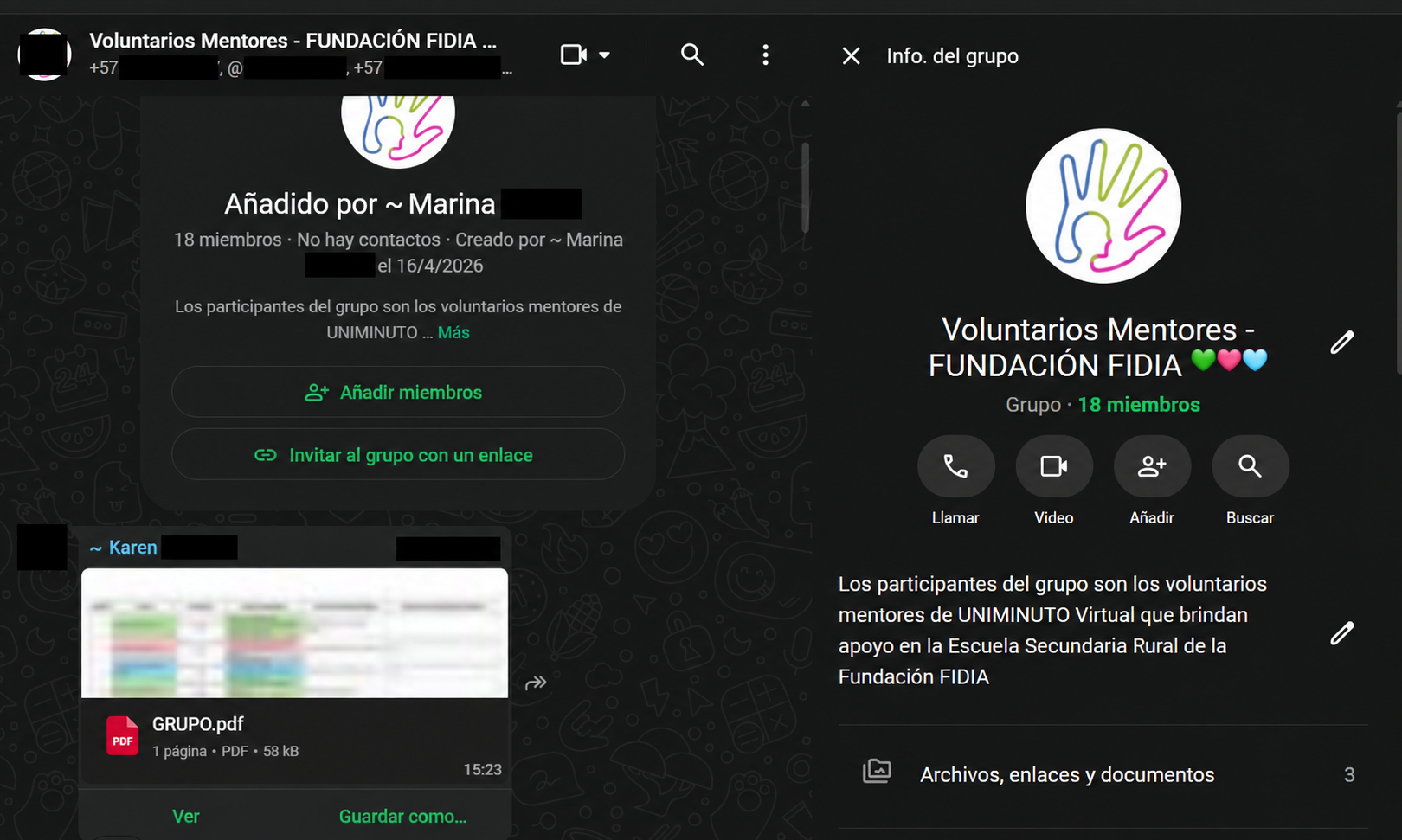 Captura anonimizada del grupo de WhatsApp utilizado como canal de coordinación