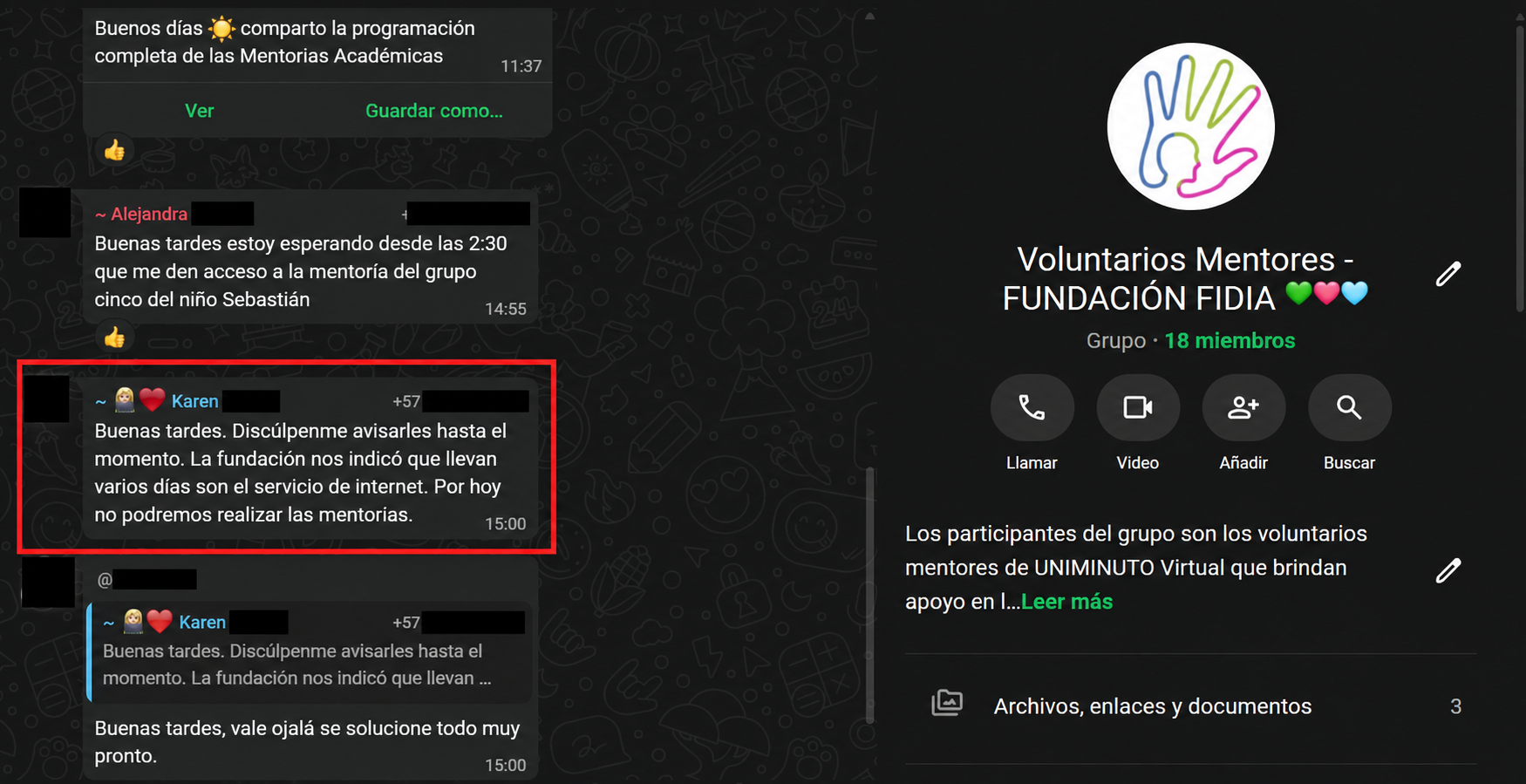 Captura anonimizada del aviso de WhatsApp sobre la suspensión de las mentorías por fallas de internet