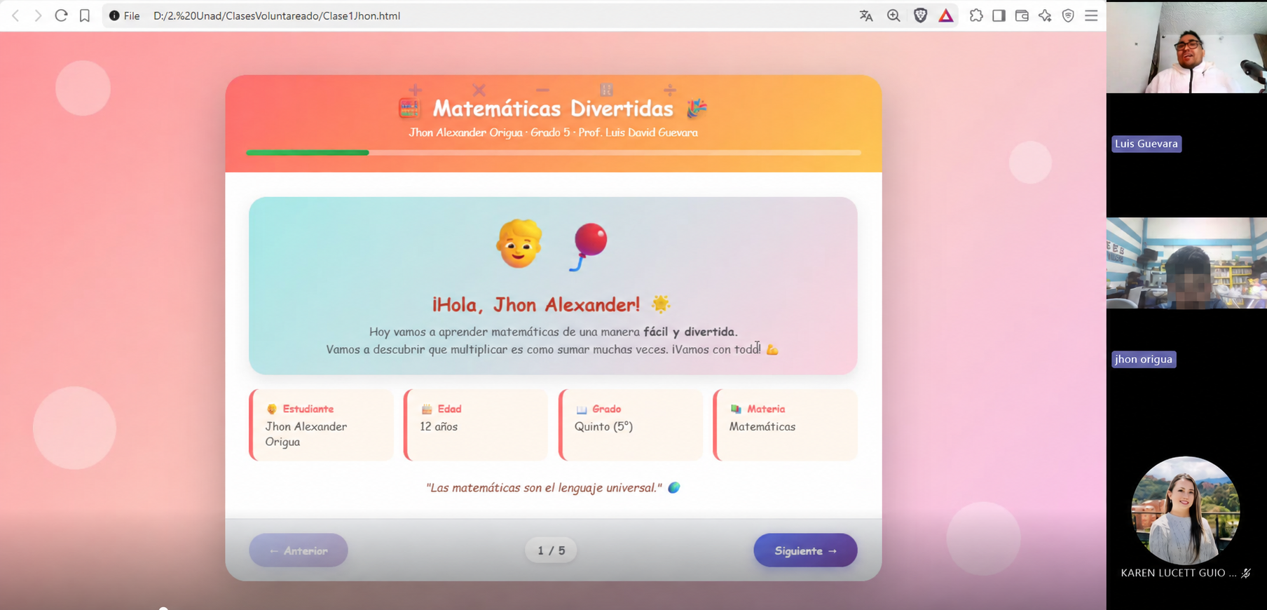 Captura anonimizada de la sesión de Matemáticas divertidas