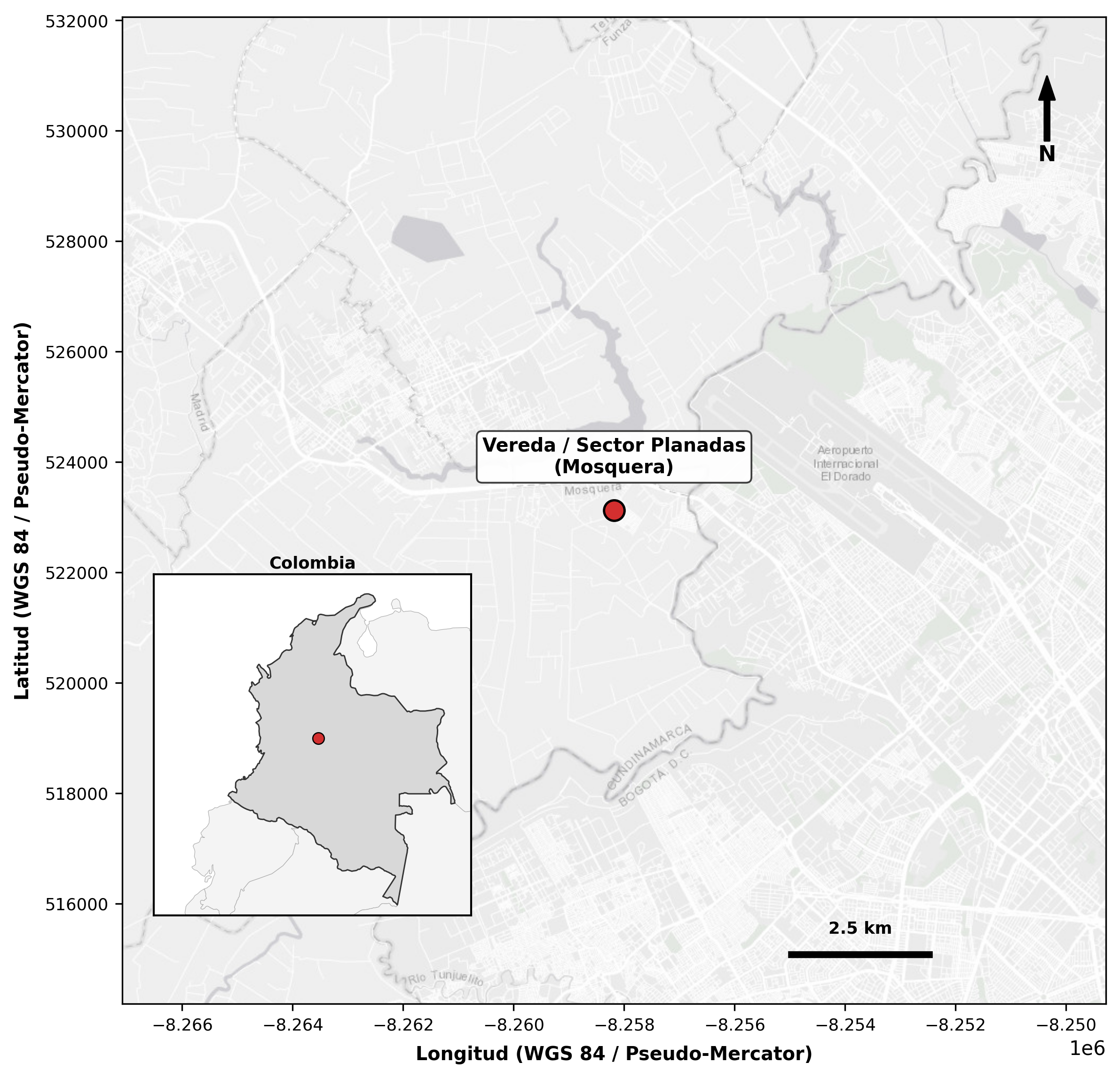 Mapa de ubicación del sector Planadas en el municipio de Mosquera, Cundinamarca, con referencia de Colombia